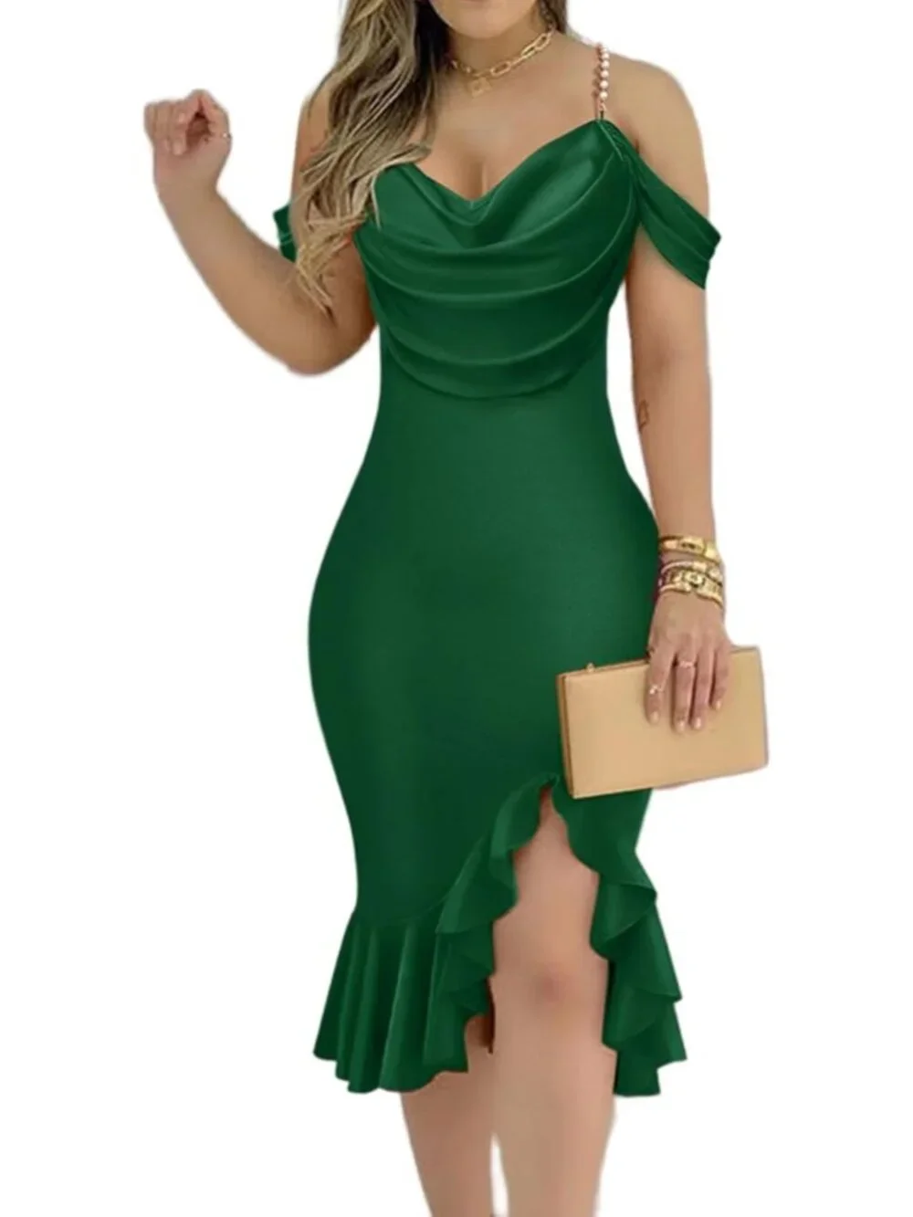 👗Women's Green Off Shoulder Design Cocktail  Pearls Strap Bodycon Midi Dress